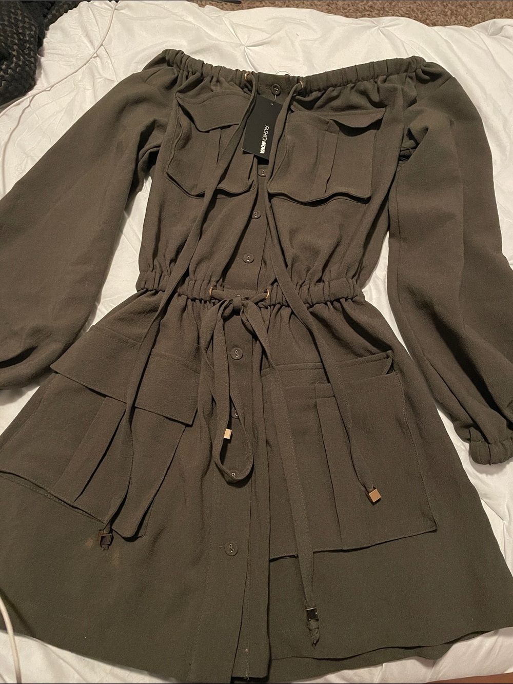 Fashion Nova Off-Shoulder Utility Dress in Olive